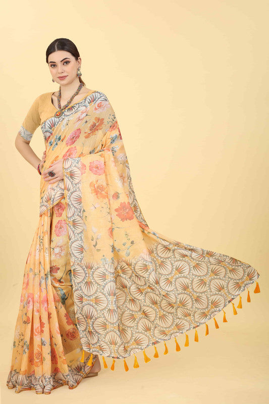 Peach Cotton Blend Printed Floral Saree with Unstitched Blouse - Hiral Fashion | Swadesiicart