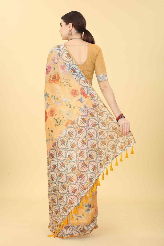 Peach Cotton Blend Printed Floral Saree with Unstitched Blouse - Hiral Fashion | Swadesiicart