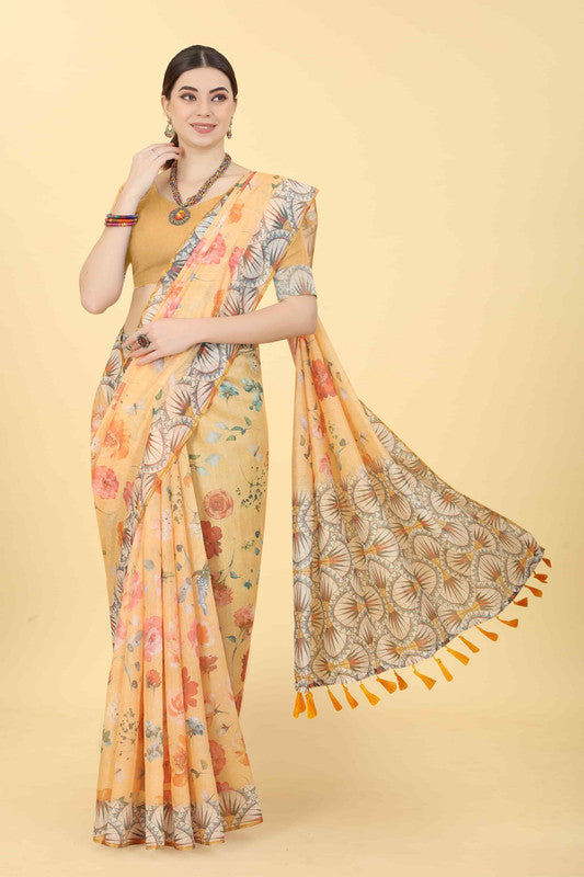 Peach Cotton Blend Printed Floral Saree with Unstitched Blouse - Hiral Fashion | Swadesiicart