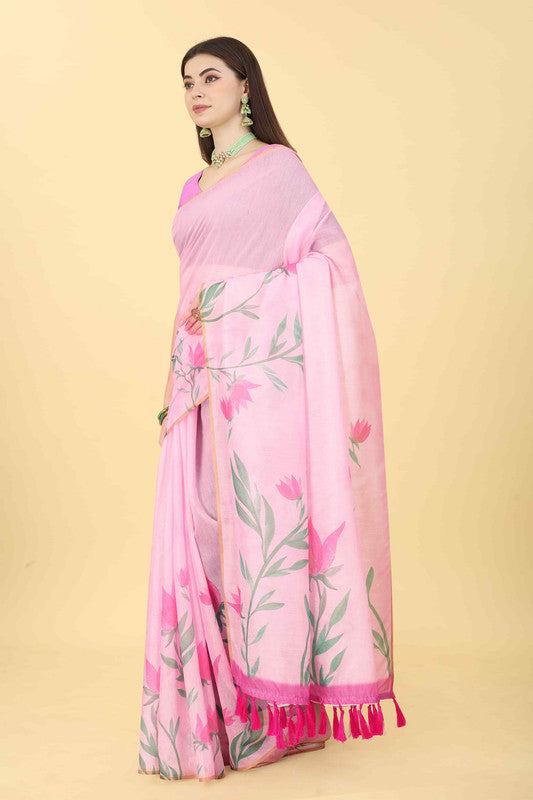 Pink Cotton Blend Printed Floral Saree with Unstitched Blouse - Hiral Fashion | Swadesiicart