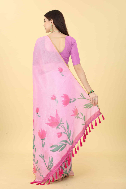 Pink Cotton Blend Printed Floral Saree with Unstitched Blouse - Hiral Fashion | Swadesiicart