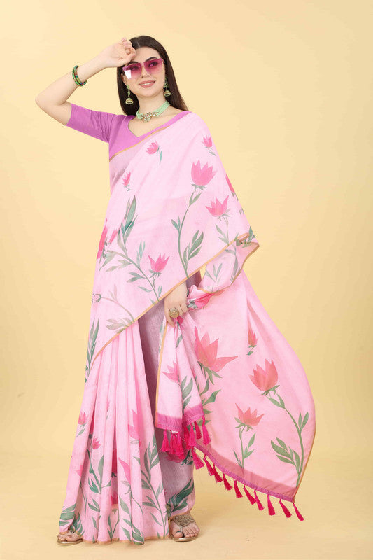 Pink Cotton Blend Printed Floral Saree with Unstitched Blouse - Hiral Fashion | Swadesiicart