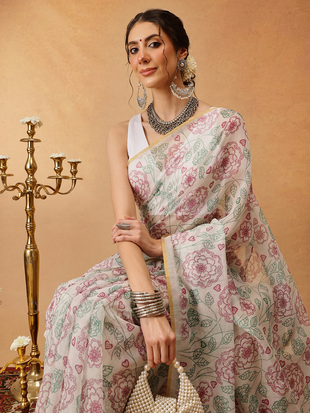 Hiral Fashion Off White Chanderi Cotton Blend Floral Digital Printed Saree | Swadesiicart