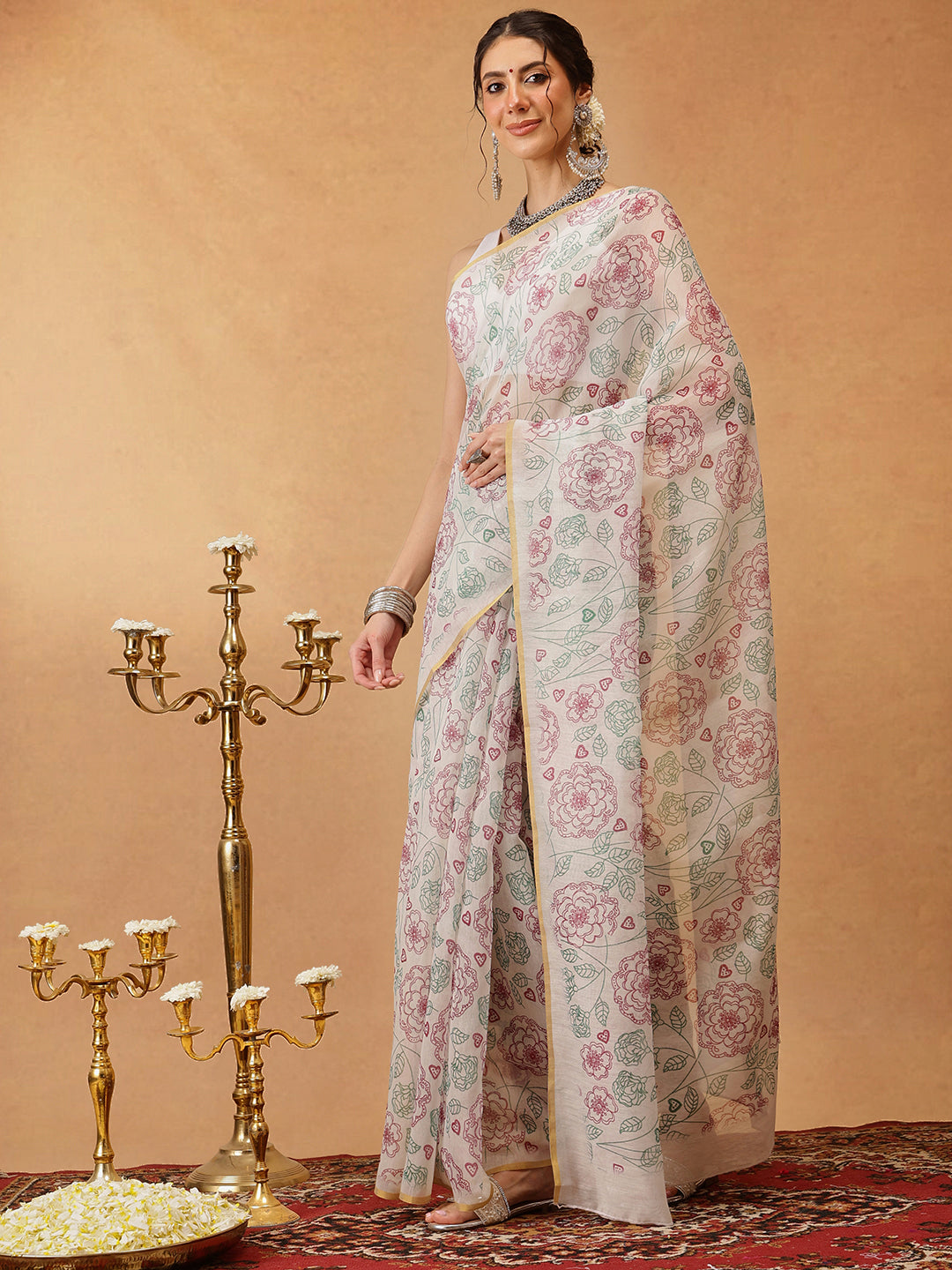 Hiral Fashion Off White Chanderi Cotton Blend Floral Digital Printed Saree | Swadesiicart