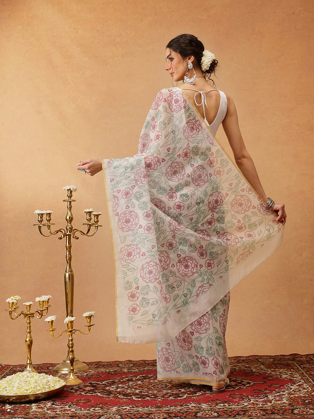 Hiral Fashion Off White Chanderi Cotton Blend Floral Digital Printed Saree | Swadesiicart