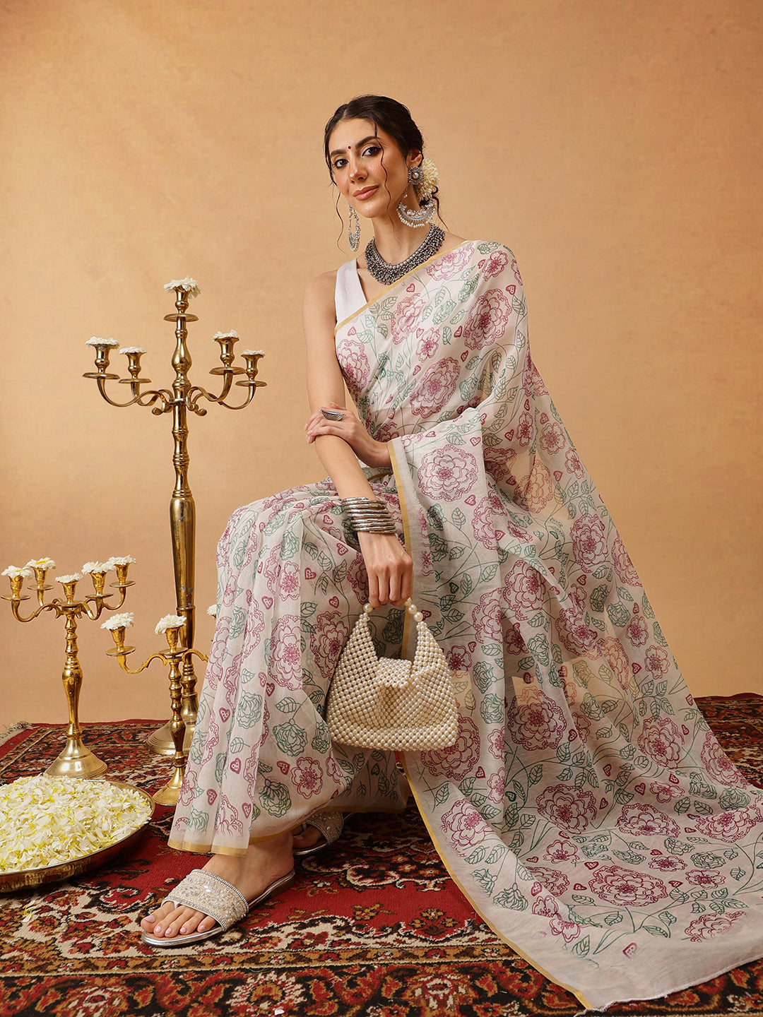 Hiral Fashion Off White Chanderi Cotton Blend Floral Digital Printed Saree | Swadesiicart