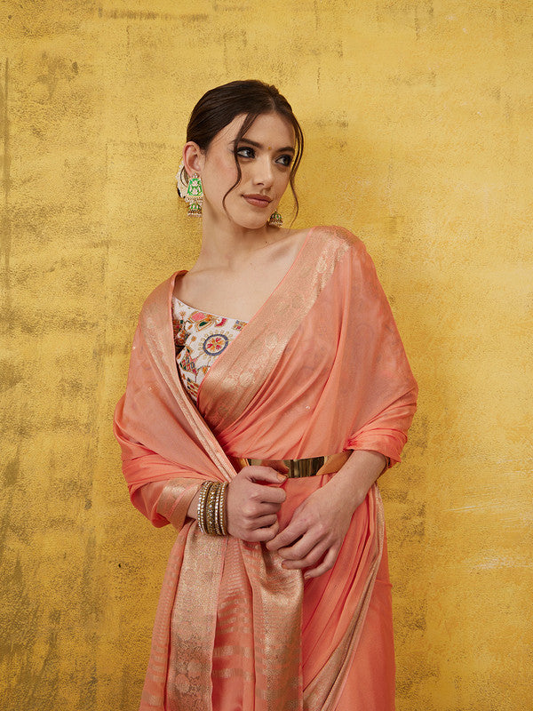 Peach Pure Viscose Chinon Zari Woven Solid Saree with Unstitched Blouse - Hiral Fashion | Swadesiicart