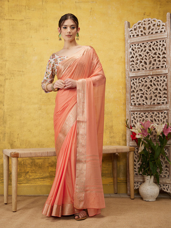 Peach Pure Viscose Chinon Zari Woven Solid Saree with Unstitched Blouse - Hiral Fashion | Swadesiicart