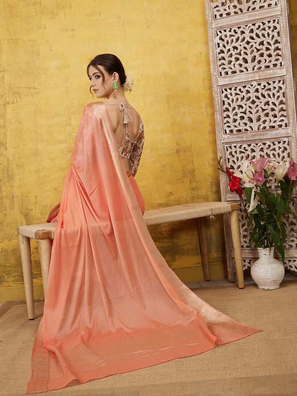 Peach Pure Viscose Chinon Zari Woven Solid Saree with Unstitched Blouse - Hiral Fashion | Swadesiicart