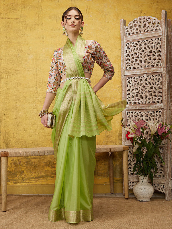 Green Pure Viscose Chinon Zari Woven Solid Saree with Unstitched Blouse - Hiral Fashion | Swadesiicart