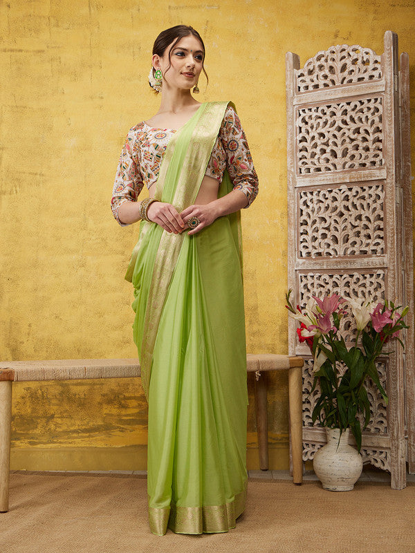 Green Pure Viscose Chinon Zari Woven Solid Saree with Unstitched Blouse - Hiral Fashion | Swadesiicart