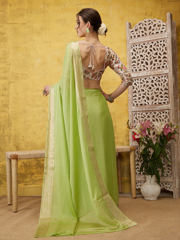 Green Pure Viscose Chinon Zari Woven Solid Saree with Unstitched Blouse - Hiral Fashion | Swadesiicart