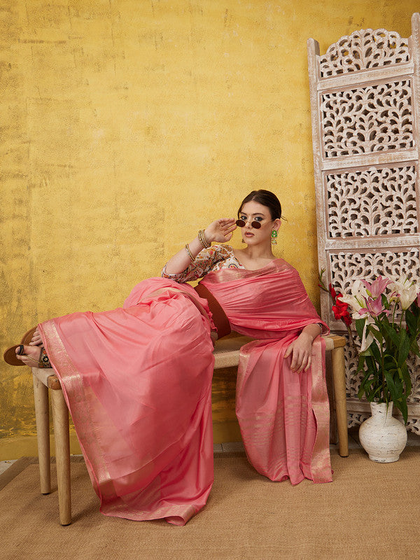 Light Pink Pure Viscose Chinon Zari Woven Solid Saree with Unstitched Blouse - Hiral Fashion | Swadesiicart