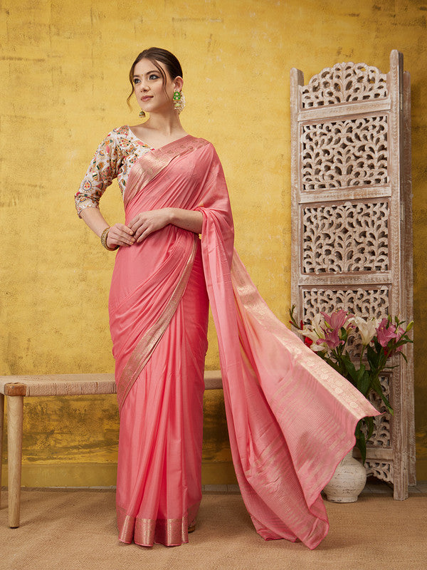 Light Pink Pure Viscose Chinon Zari Woven Solid Saree with Unstitched Blouse - Hiral Fashion | Swadesiicart