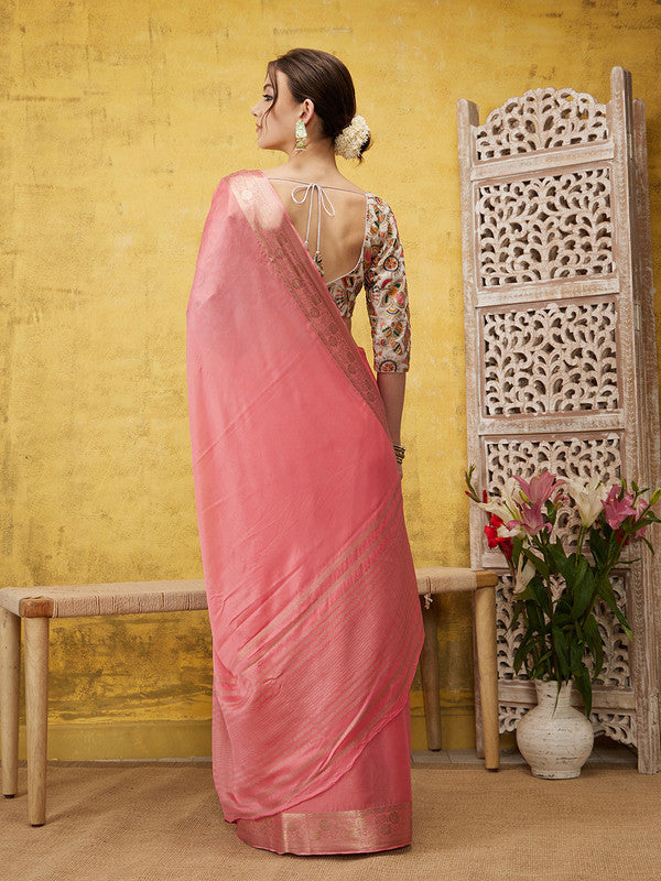 Light Pink Pure Viscose Chinon Zari Woven Solid Saree with Unstitched Blouse - Hiral Fashion | Swadesiicart