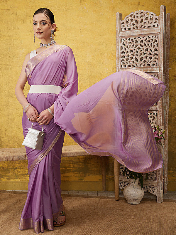 Purple Pure Viscose Chinon Zari Woven Solid Saree with Unstitched Blouse - Hiral Fashion | Swadesiicart