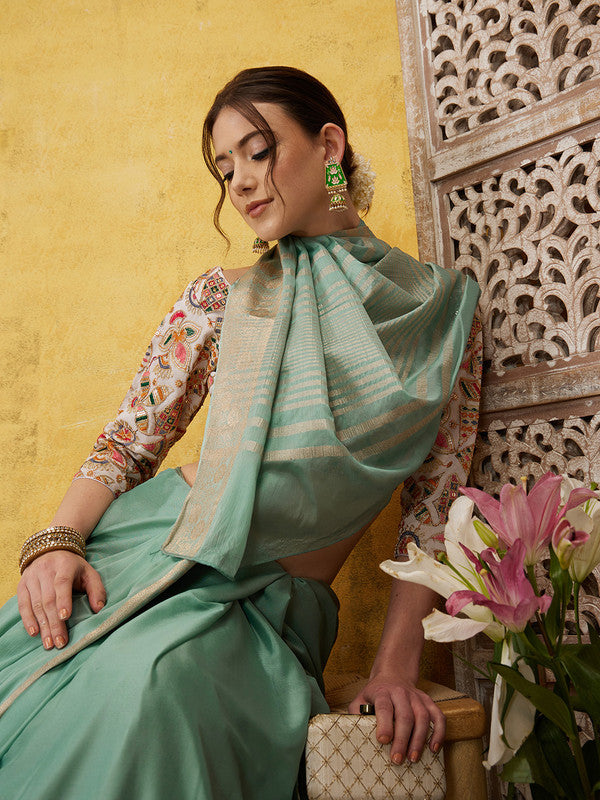 Turquoise Pure Viscose Chinon Zari Woven Solid Saree with Unstitched Blouse - Hiral Fashion | Swadesiicart