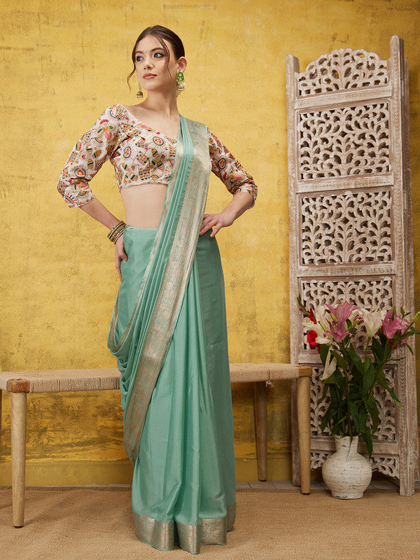 Turquoise Pure Viscose Chinon Zari Woven Solid Saree with Unstitched Blouse - Hiral Fashion | Swadesiicart