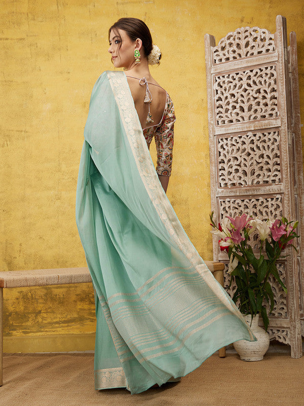 Turquoise Pure Viscose Chinon Zari Woven Solid Saree with Unstitched Blouse - Hiral Fashion | Swadesiicart