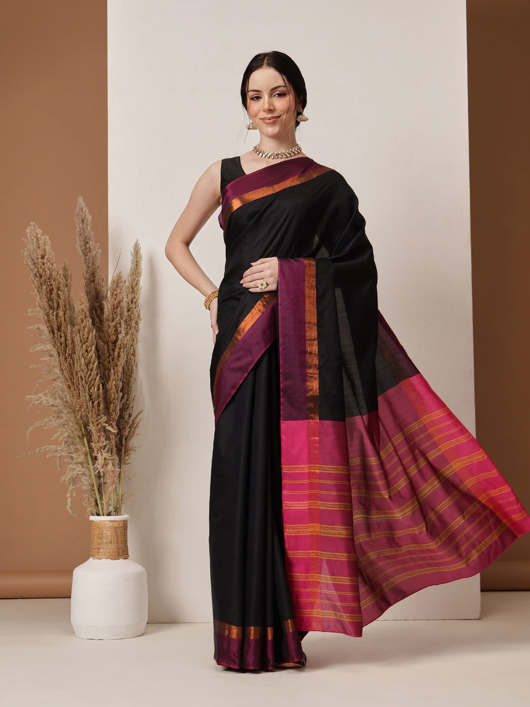 Hiral Fashion Black Banarasi Art Silk Solid Saree | Swadesiicart