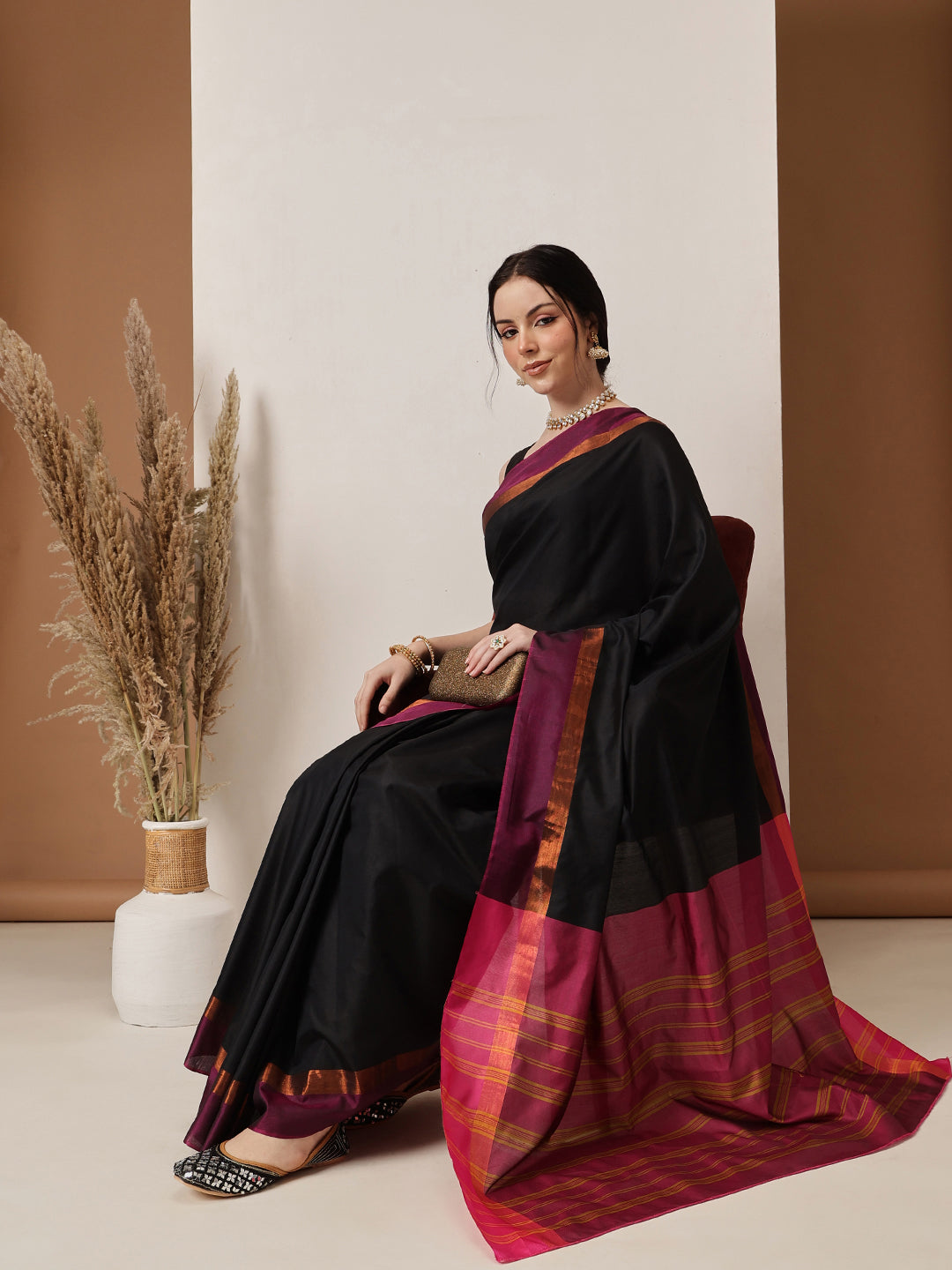Hiral Fashion Black Banarasi Art Silk Solid Saree | Swadesiicart