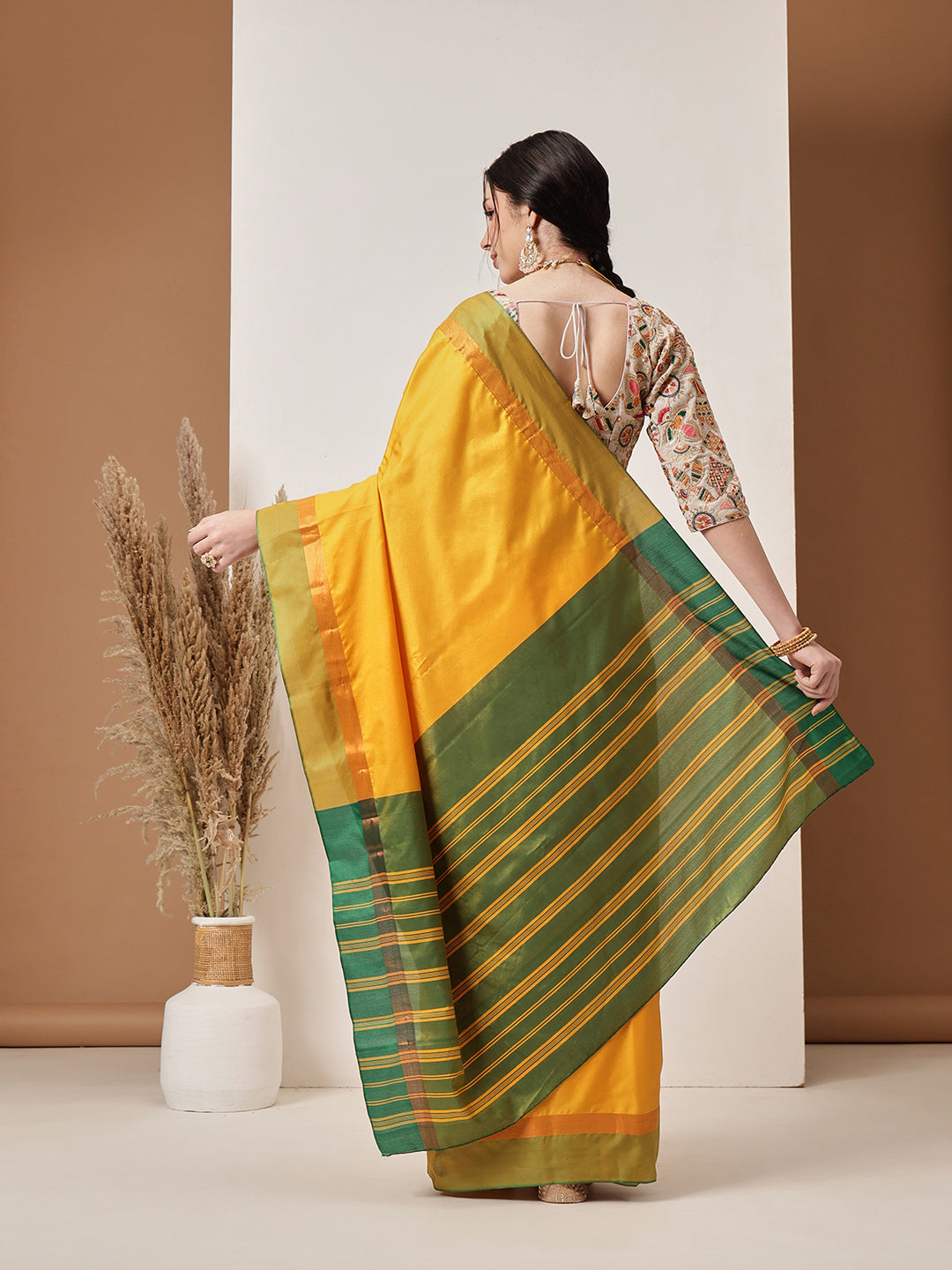 Hiral Fashion Mustard Banarasi Art Silk Solid Saree | Swadesiicart