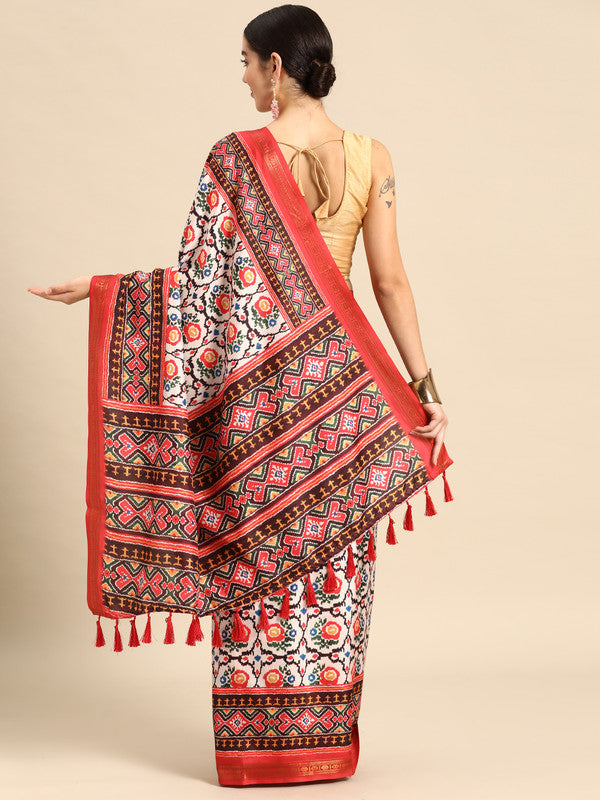 White Silk Blend Digital Print Patola Saree with Unstitched Blouse - Hiral Fashion | Swadesiicart