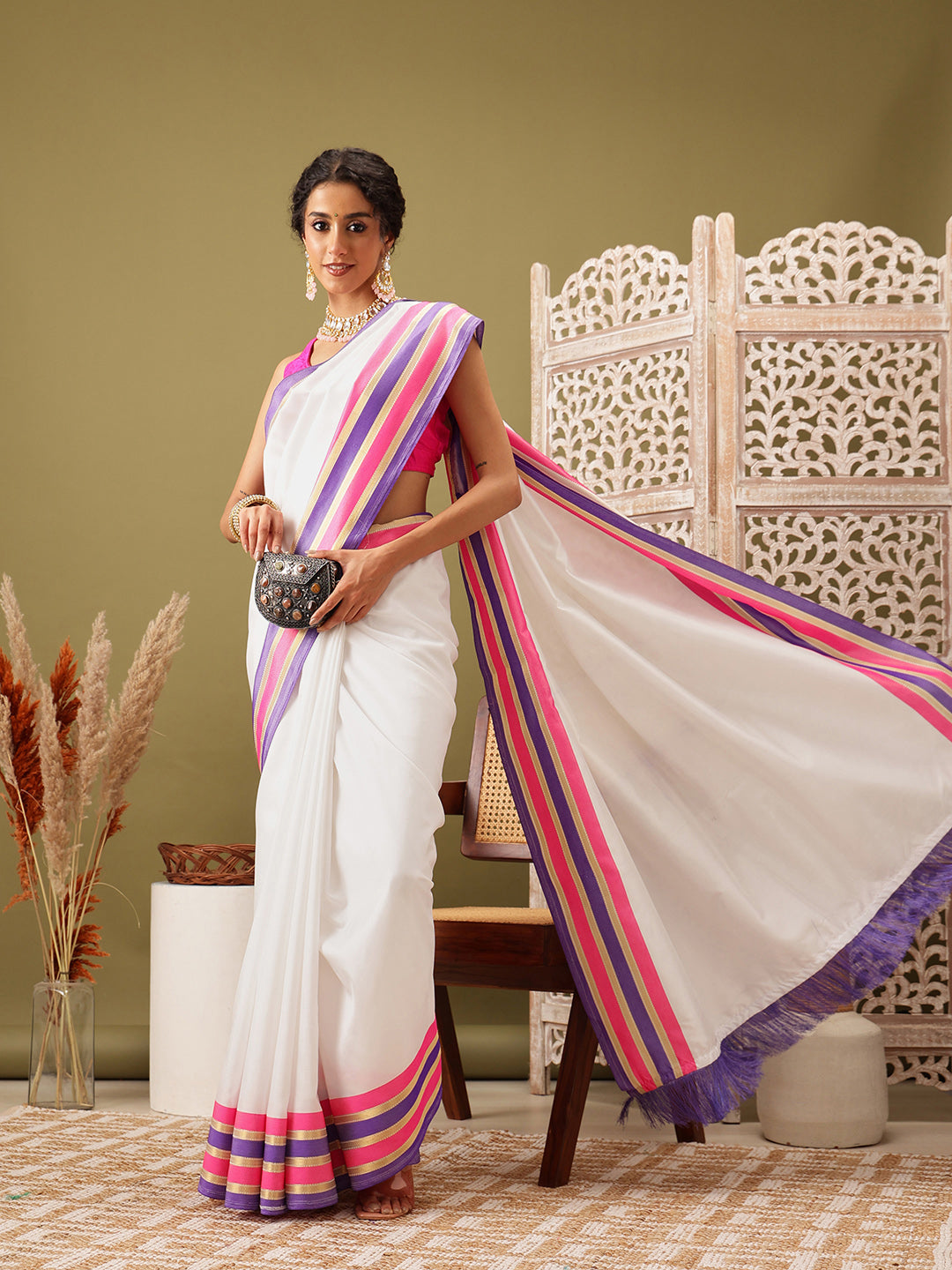 Hiral Fashion White Banarasi Soft Silk Solid Saree | Swadesiicart