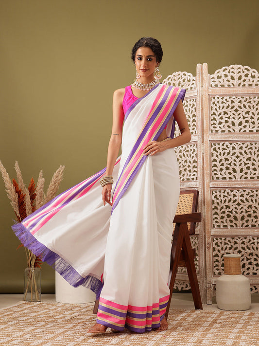 Hiral Fashion White Banarasi Soft Silk Solid Saree | Swadesiicart