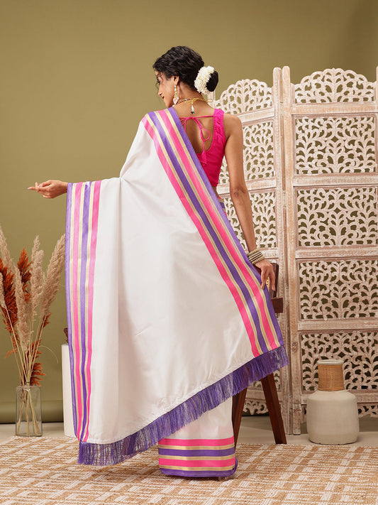 Hiral Fashion White Banarasi Soft Silk Solid Saree | Swadesiicart