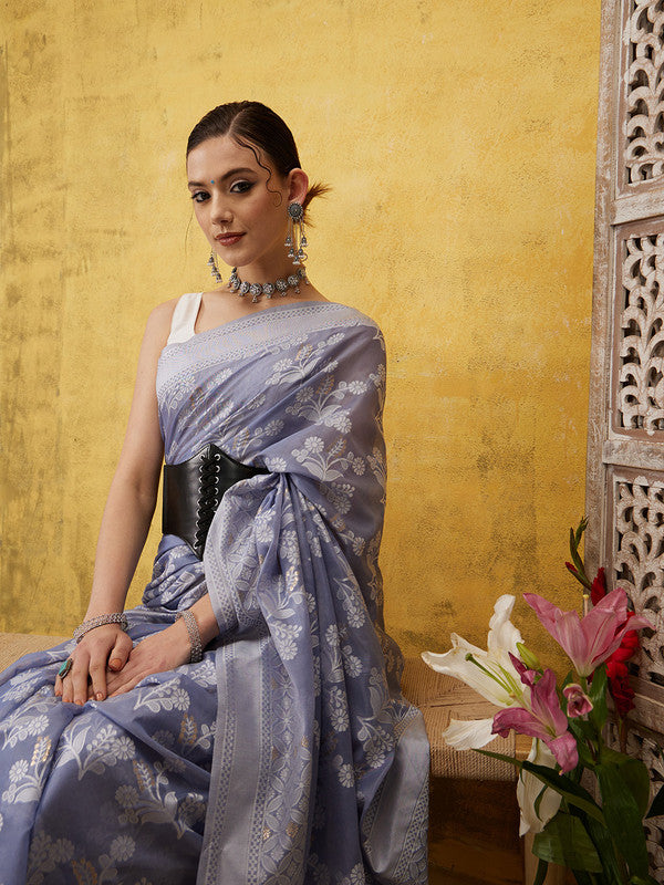 Gray Cotton Woven Zari Design Floral Saree with Unstitched Blouse - Hiral Fashion | Swadesiicart