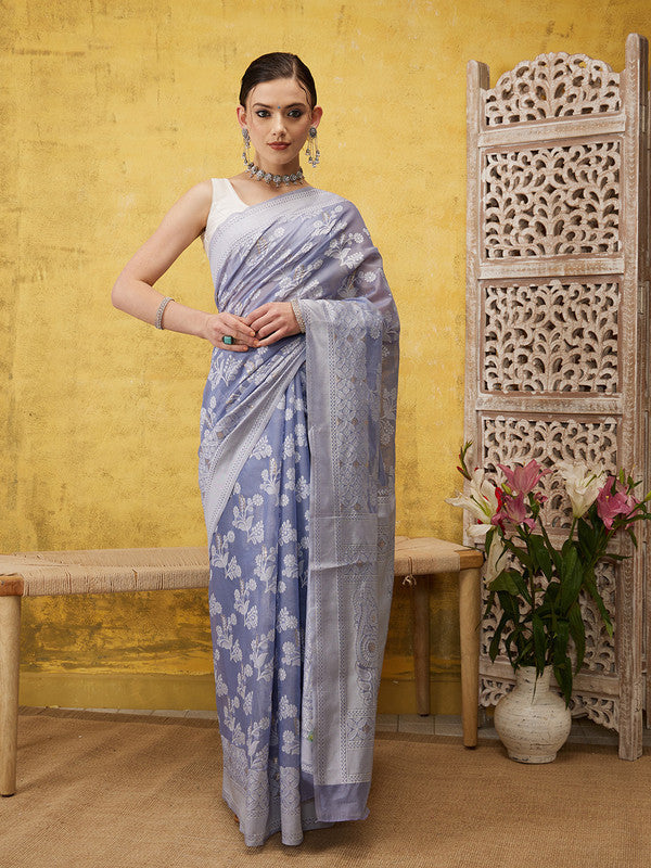 Gray Cotton Woven Zari Design Floral Saree with Unstitched Blouse - Hiral Fashion | Swadesiicart