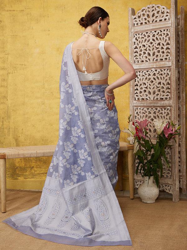 Gray Cotton Woven Zari Design Floral Saree with Unstitched Blouse - Hiral Fashion | Swadesiicart