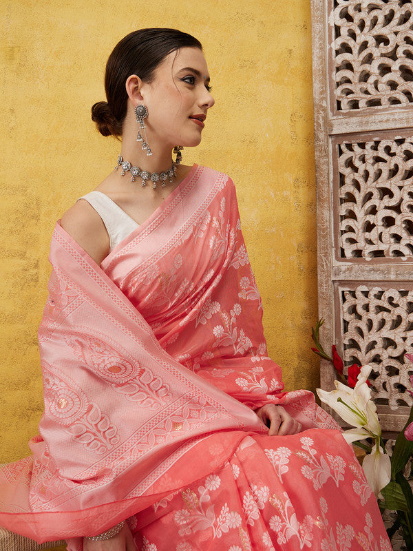 Peach Cotton Woven Zari Design Floral Saree with Unstitched Blouse - Hiral Fashion | Swadesiicart