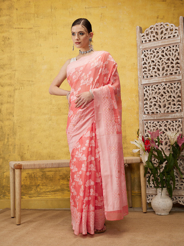 Peach Cotton Woven Zari Design Floral Saree with Unstitched Blouse - Hiral Fashion | Swadesiicart