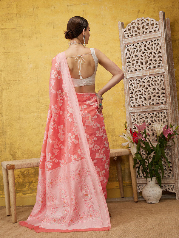 Peach Cotton Woven Zari Design Floral Saree with Unstitched Blouse - Hiral Fashion | Swadesiicart