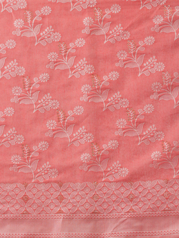 Peach Cotton Woven Zari Design Floral Saree with Unstitched Blouse - Hiral Fashion | Swadesiicart