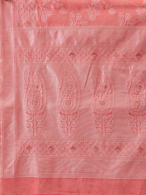 Peach Cotton Woven Zari Design Floral Saree with Unstitched Blouse - Hiral Fashion | Swadesiicart