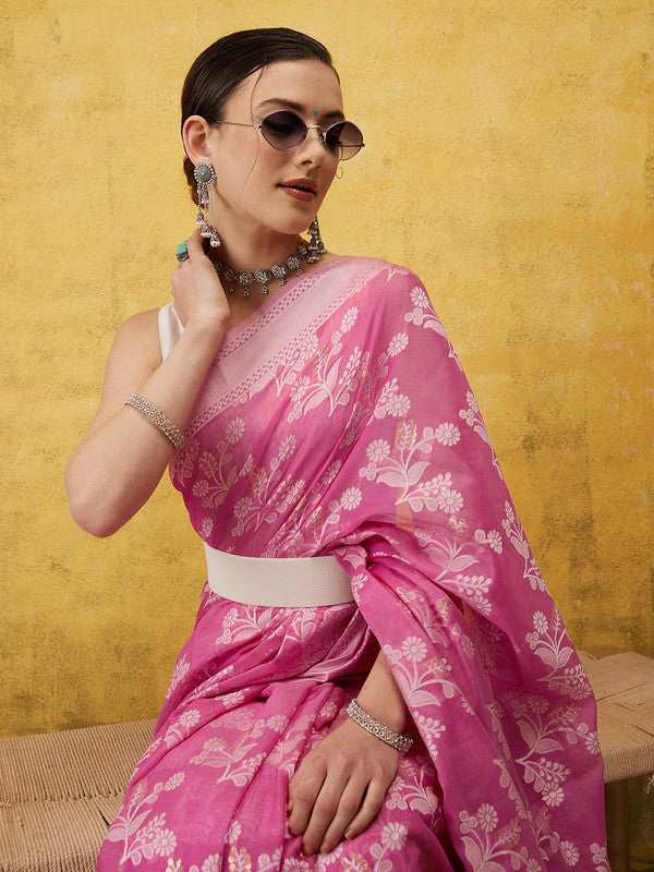 Pink Cotton Woven Zari Design Floral Saree with Unstitched Blouse - Hiral Fashion | Swadesiicart