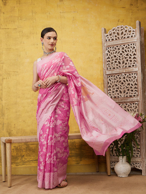 Pink Cotton Woven Zari Design Floral Saree with Unstitched Blouse - Hiral Fashion | Swadesiicart