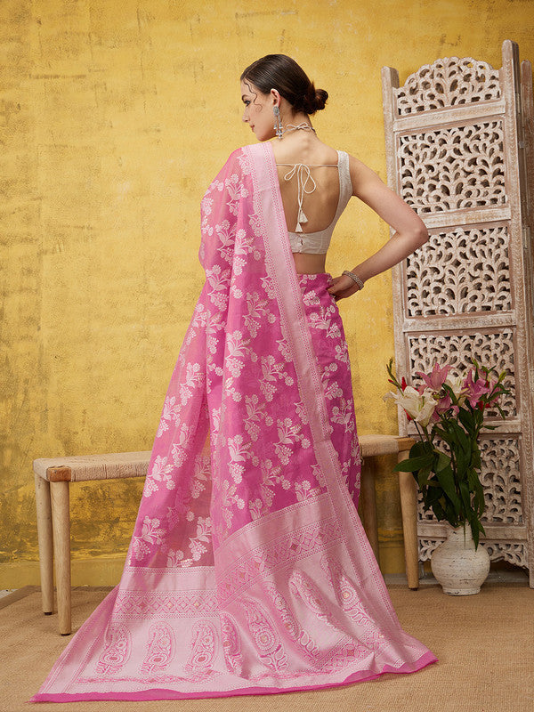 Pink Cotton Woven Zari Design Floral Saree with Unstitched Blouse - Hiral Fashion | Swadesiicart