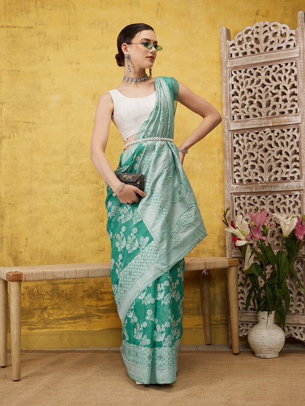 Turquoise Cotton Woven Zari Design Floral Saree with Unstitched Blouse - Hiral Fashion | Swadesiicart