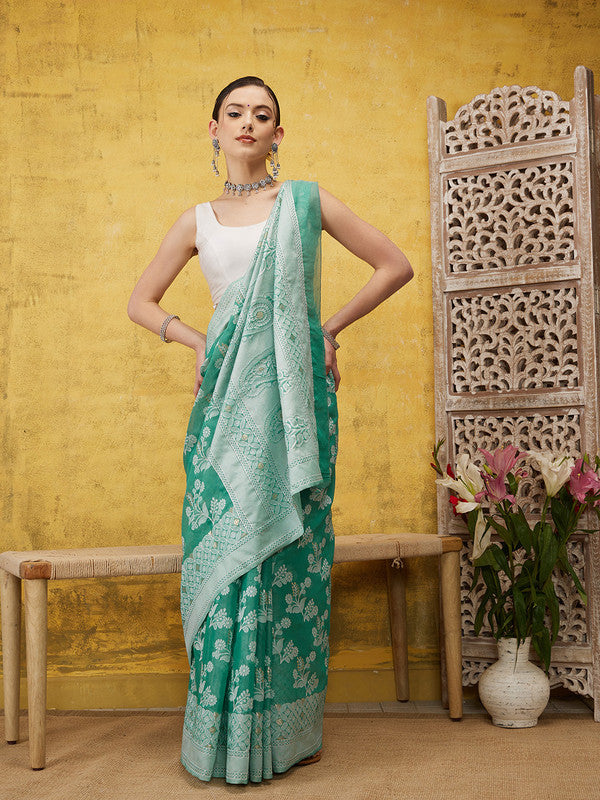 Turquoise Cotton Woven Zari Design Floral Saree with Unstitched Blouse - Hiral Fashion | Swadesiicart