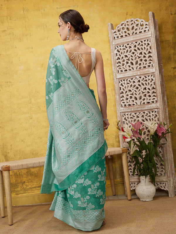 Turquoise Cotton Woven Zari Design Floral Saree with Unstitched Blouse - Hiral Fashion | Swadesiicart