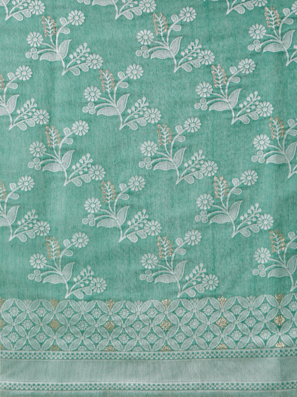 Turquoise Cotton Woven Zari Design Floral Saree with Unstitched Blouse - Hiral Fashion | Swadesiicart