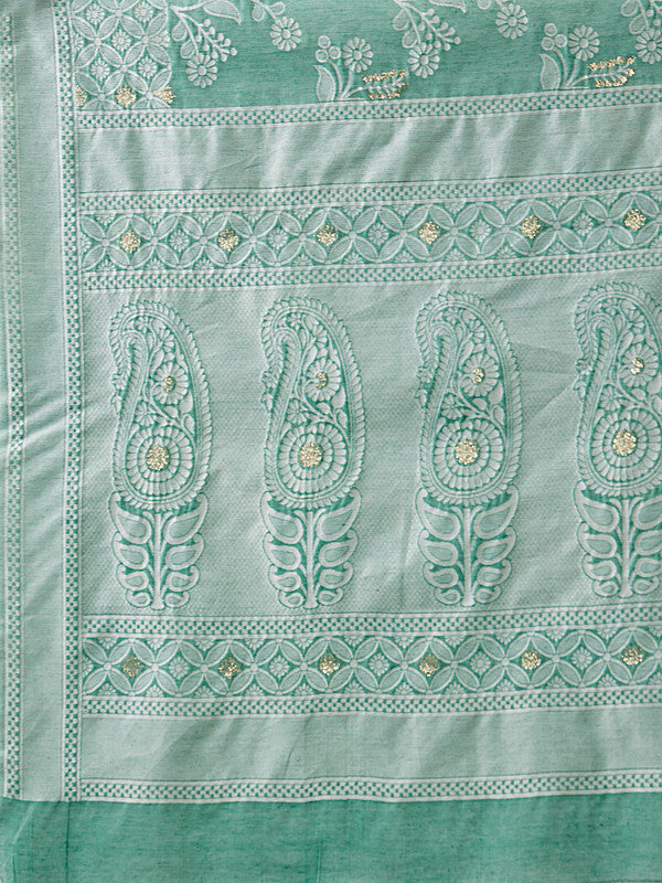 Turquoise Cotton Woven Zari Design Floral Saree with Unstitched Blouse - Hiral Fashion | Swadesiicart