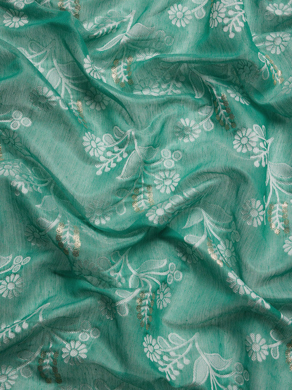 Turquoise Cotton Woven Zari Design Floral Saree with Unstitched Blouse - Hiral Fashion | Swadesiicart