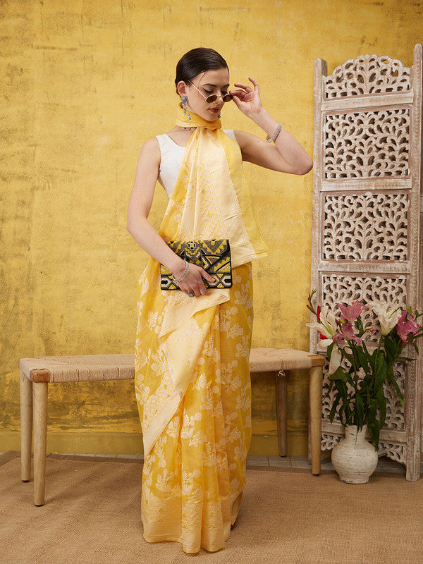 Yellow Cotton Woven Zari Design Floral Saree with Unstitched Blouse - Hiral Fashion | Swadesiicart