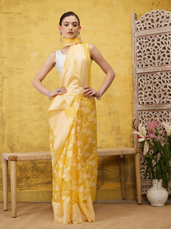 Yellow Cotton Woven Zari Design Floral Saree with Unstitched Blouse - Hiral Fashion | Swadesiicart