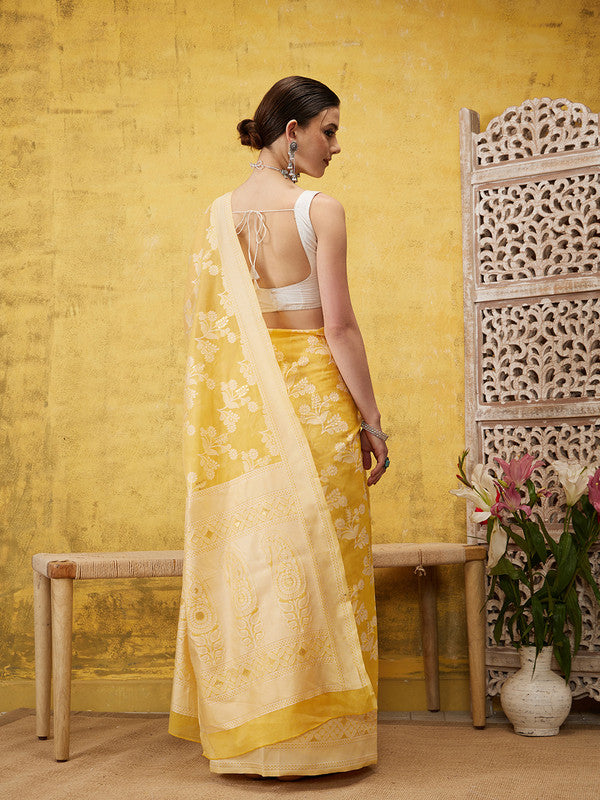 Yellow Cotton Woven Zari Design Floral Saree with Unstitched Blouse - Hiral Fashion | Swadesiicart